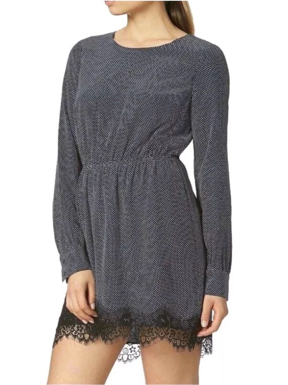 Avec Les Filles Long Sleeve Navy Blur Polka Dot Lace Trim Mini Dress SZ M